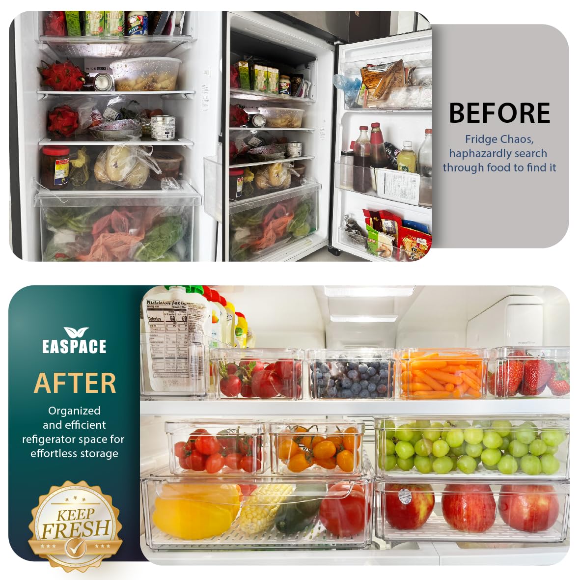 EASPACE 10-Pack Clear Fridge Organizer Bins with Lids & Drainage Holes, Stackable Container Set, BPA-Free Plastic Refrigerator Storage Containers…
