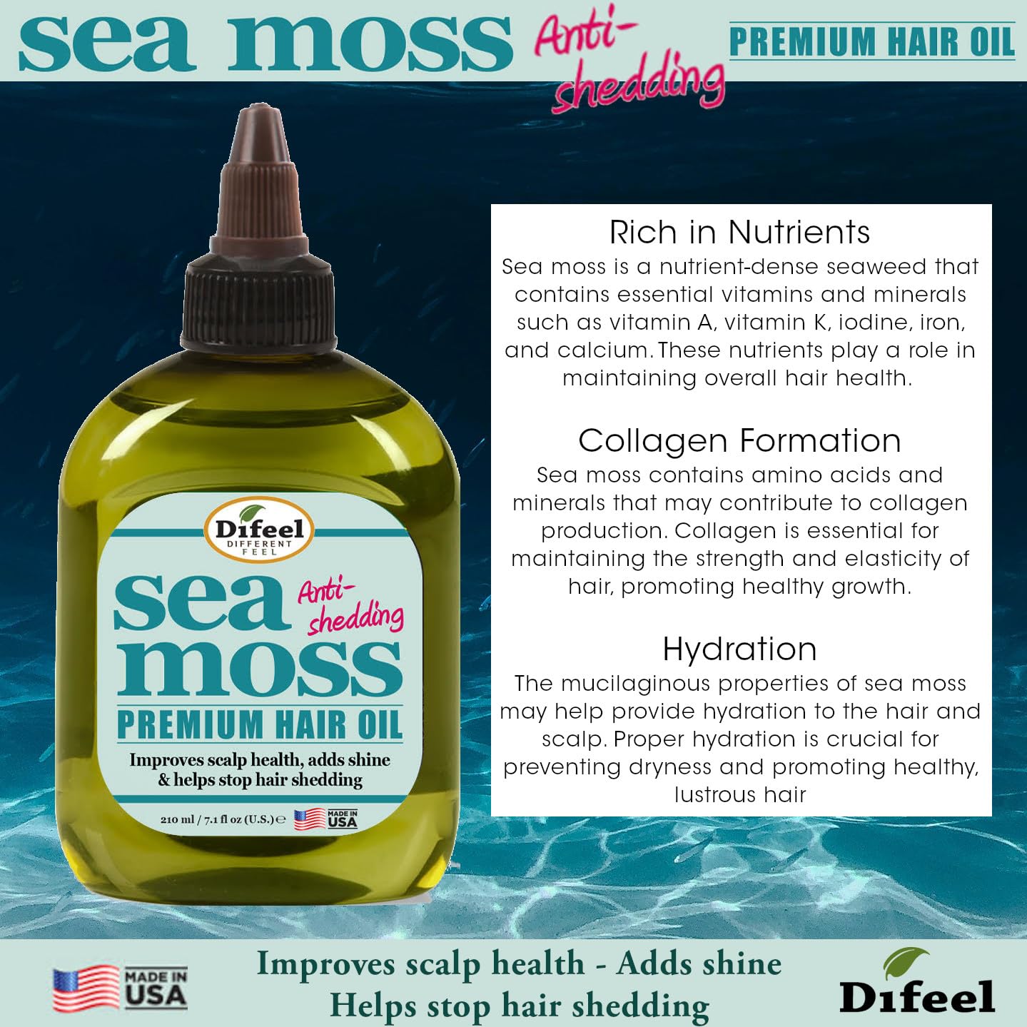 Difeel Premium Anti-Shedding Hair Oil with Sea Moss - 7.1 oz, For Hair Growth and Frizzy, Damaged or Dry Hair