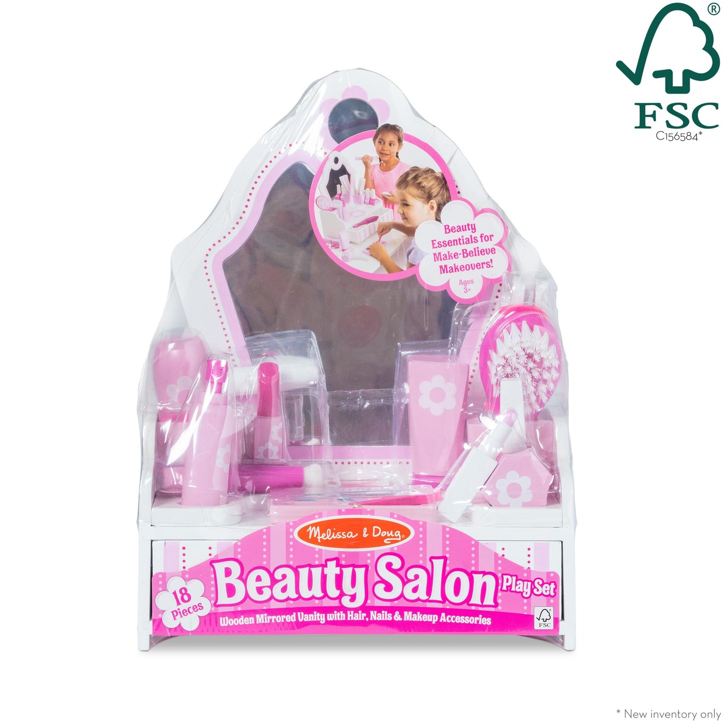 Melissa & Doug Wooden Beauty Salon Play Set With Vanity and Accessories (18 pcs) - FSC Certified