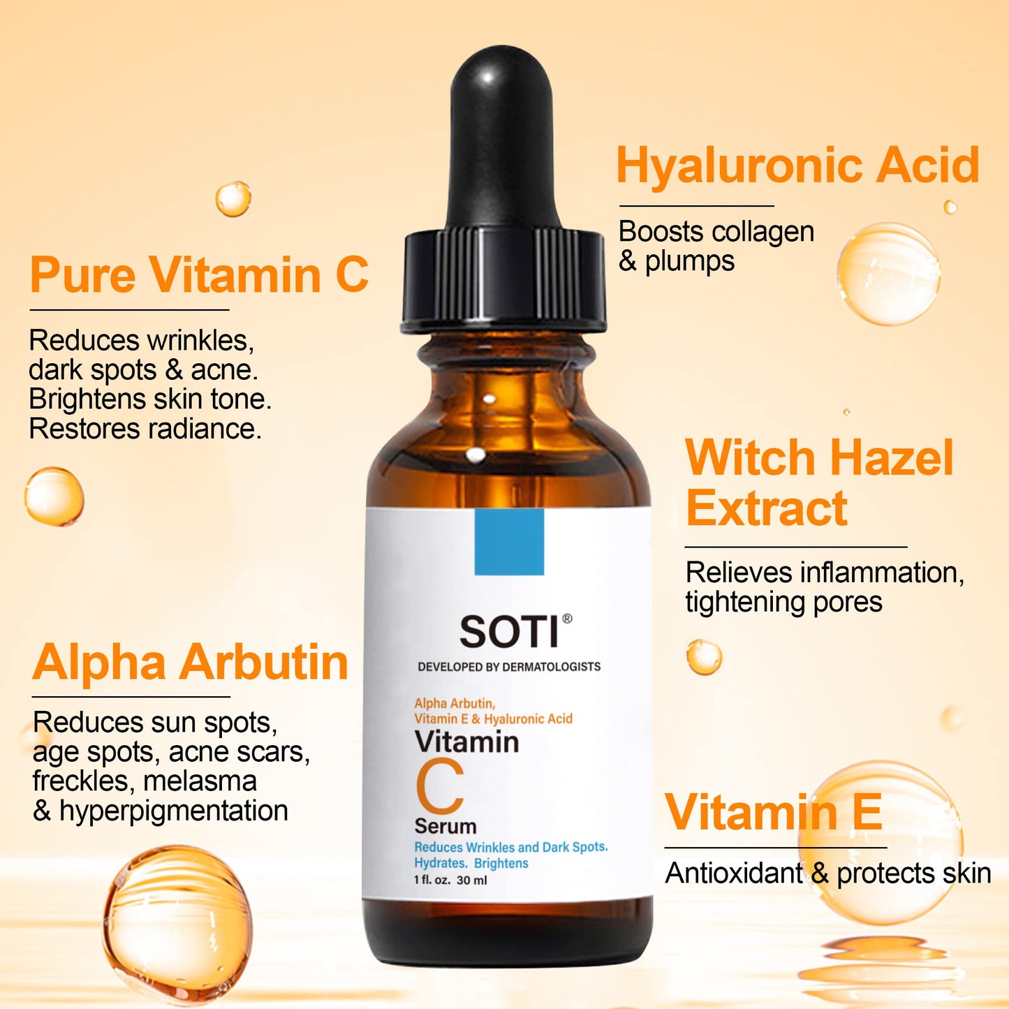 Vitamin C Face Serum with Hyaluronic Acid, Alpha Arbutin and Vitamin E, Anti Aging for Dark Spots, Wrinkles & Acne, Brightens Skin Tone, Restores