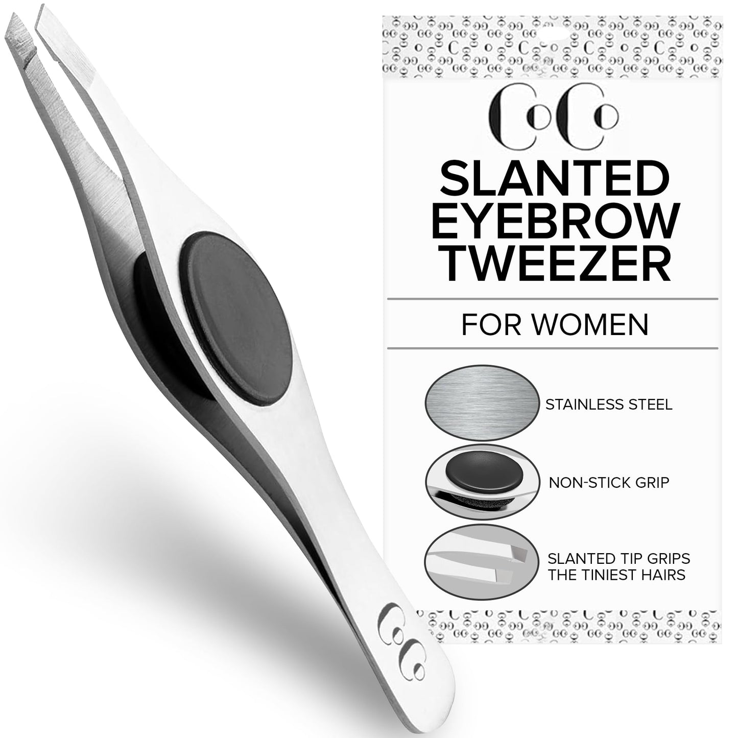 Tweezers for Facial Hair Women & Men - Stainless Steel Slant Eyebrow Tweezers with Hand-Sharpened Tips for Fine Hair Removal, Precision Shaping