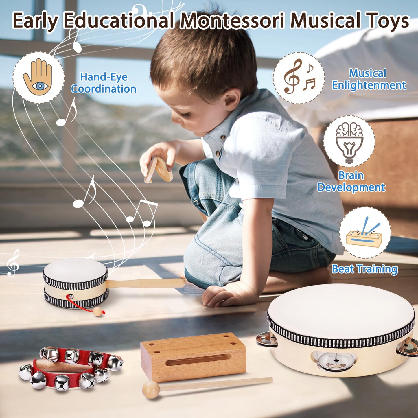 LOOIKOOS Toddler Musical Instruments – Montessori Wooden Percussion Set with Storage Bag, Educational Music Toys for Kids, Boys & Girls