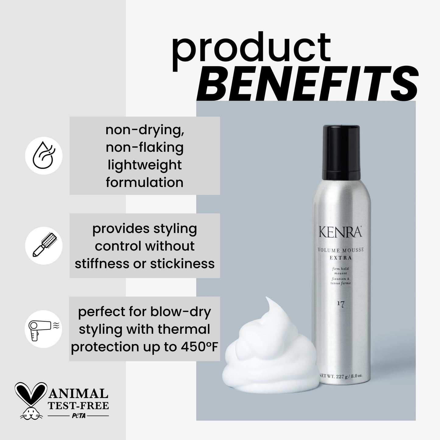 Kenra Volume Mousse Extra 17 | Firm Hold Mousse | Non-drying, Non-flaking Lightweight Formula | Tames Frizz & Conditions |Thermal Protection up
