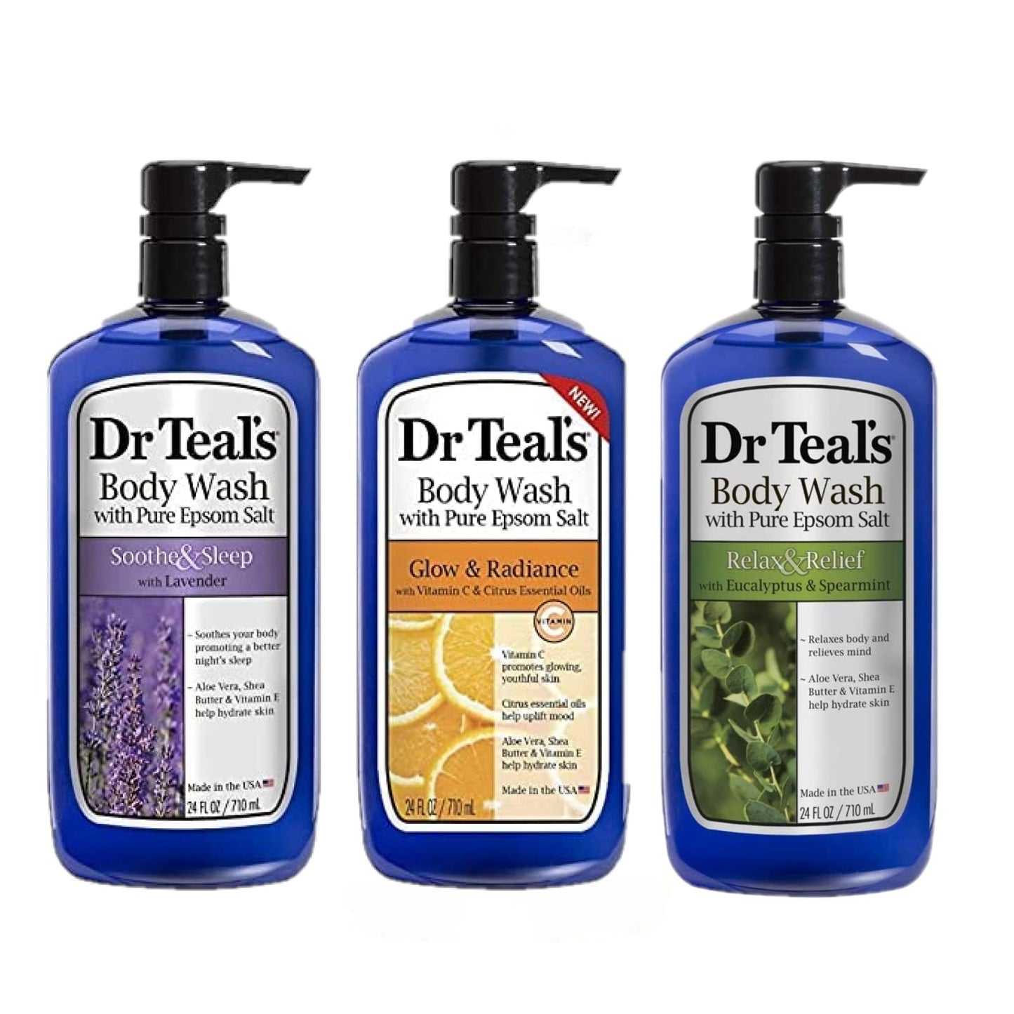 Dr Teal’s Body Wash Gift Set 3 Pack (24 oz ea) – Soothe & Sleep, Glow & Radiance, Relax & Relief with Lavender, Citrus & Eucalyptus Oils