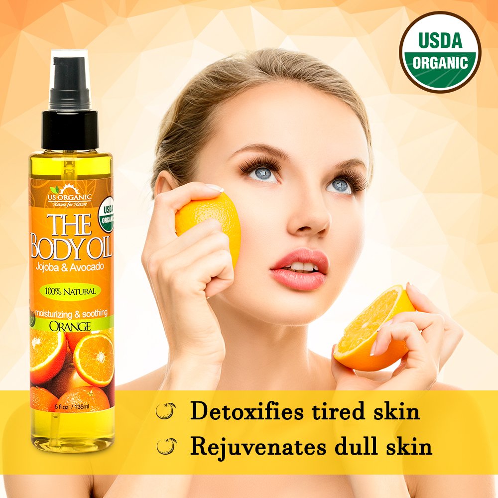 US Organic Body Oil - Fresh Orange - Jojoba and Avocado Oil with Vitamin E, USDA Certified Organic, No Alcohol, Paraben, Artificial Detergents, Color Beauty and Personal Care US Organic
