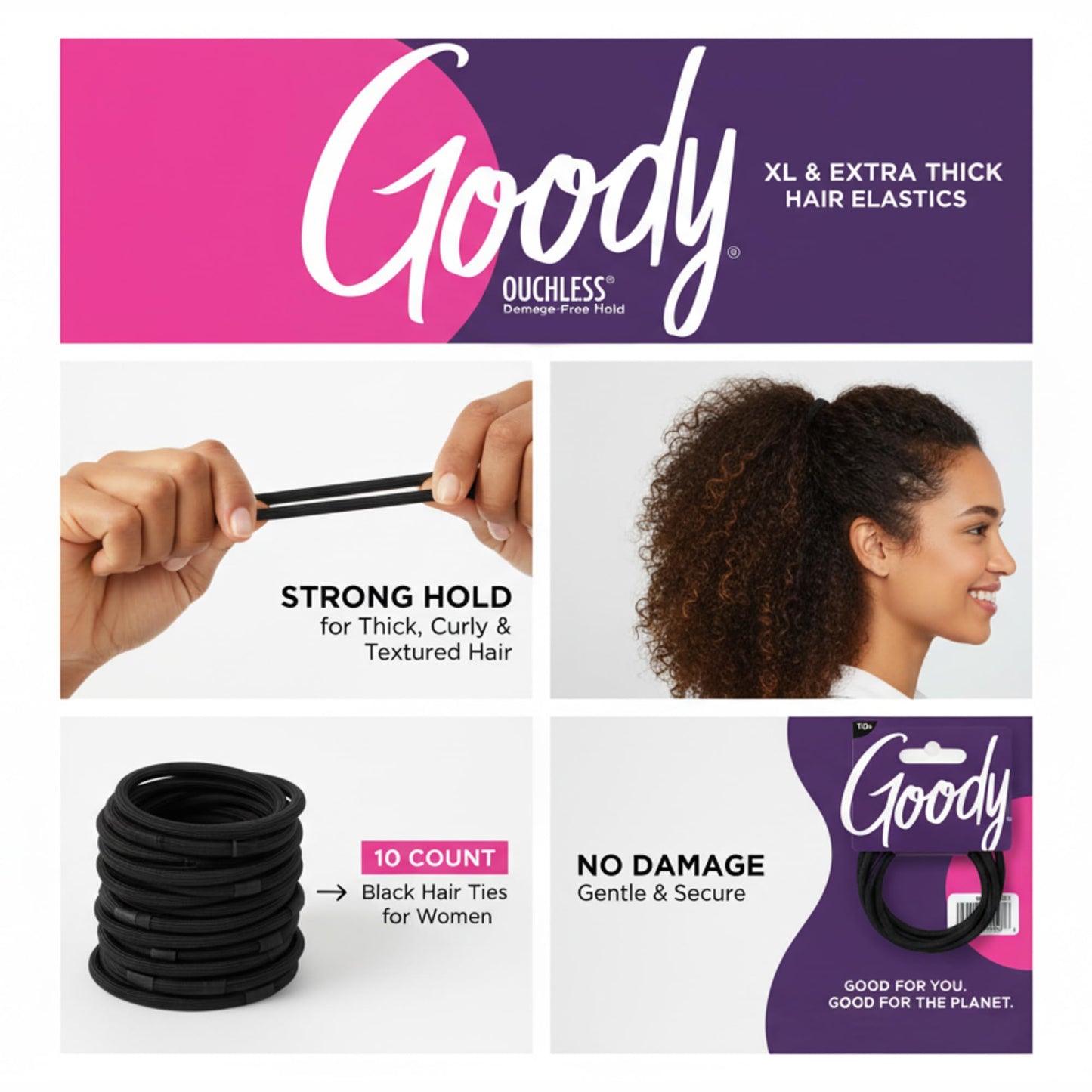 Goody Ouchless XL & Extra Thick Hair Elastics - Black Hair Ties for Women, No Damage, Strong Hold for Thick Hair, Curly or Textured Styles - 10 Count