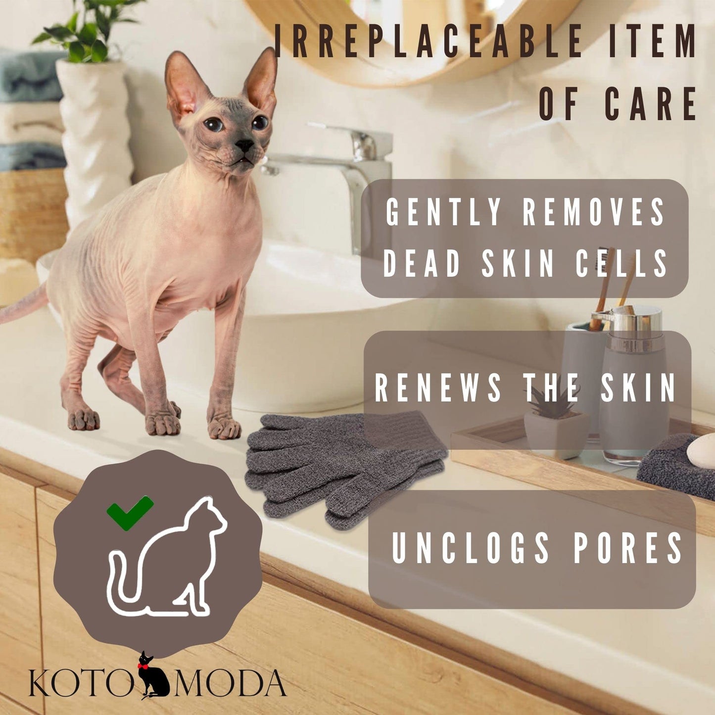 Kotomoda Sphynx Hairless Cats Carbonized Bamboo Bath Exfoliating Gloves Charcoal Bamboo Shower Body Scrub (1 pair)