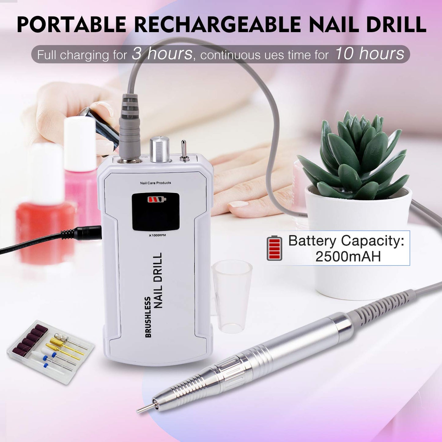IMENE Professional Nail Drill Machine 35,000RPM – Portable Rechargeable Brushless E-File for Acrylic, Gel & Natural Nails (White)