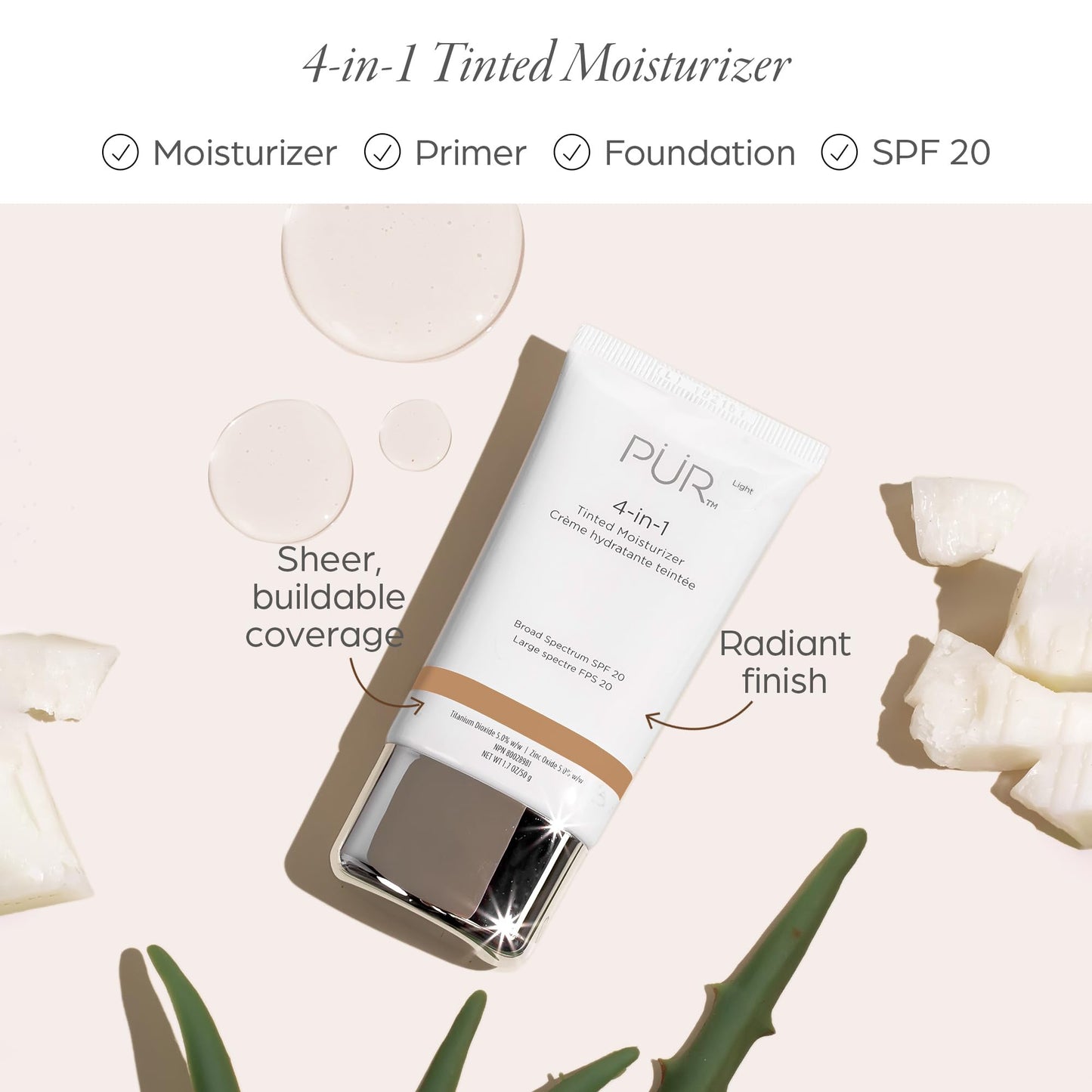 PÜR MINERALS 4-in-1 Tinted Moisturizer with SPF 20 - Hydrating Skin Tint Face Moisturizer, Primer & Foundation with Shea Butter, Aloe Vera & Vitamin