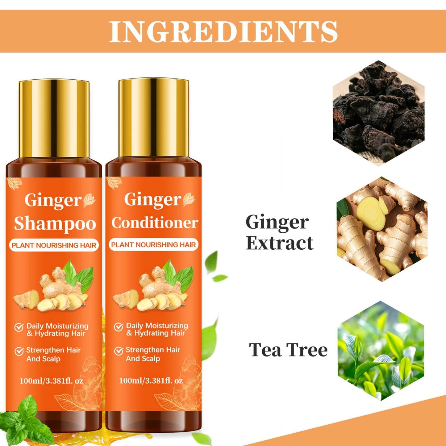 Ginger Shampoo and Conditioner Set for Stronger & Thicker Hair, Deep Moisturizing Cleaning Nourishing Formula to Reduce Hair Loss, Strengthen Strands