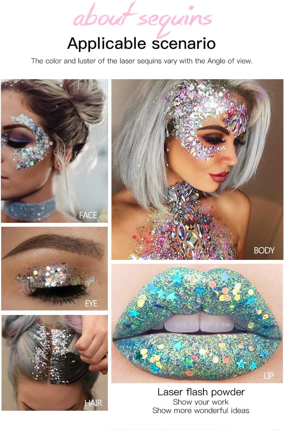 Body Glitter Gel Nail Hair Body Face Flash Eye shadow Glitter Cream Chunky Glitter Mermaid Scale Sequins Festival Painting Decoration Makeup (Pink)
