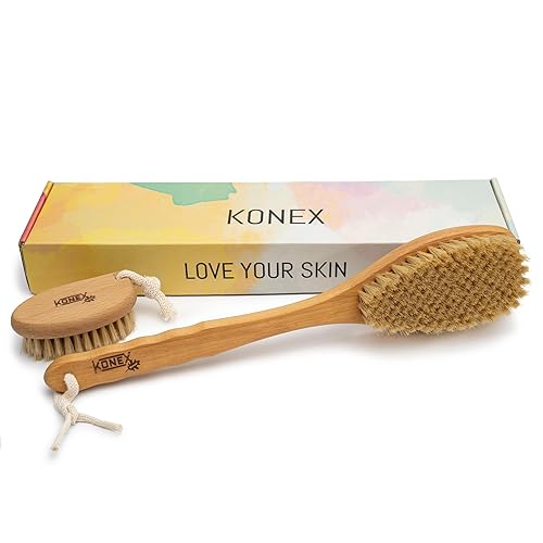 KONEX Bath Brush Set, Exfoliating Shower Scrubber, Dry Brushing Body Brush Set, Pore Opening, Beechwood Handle with Natural Bristle Large 15" Plus