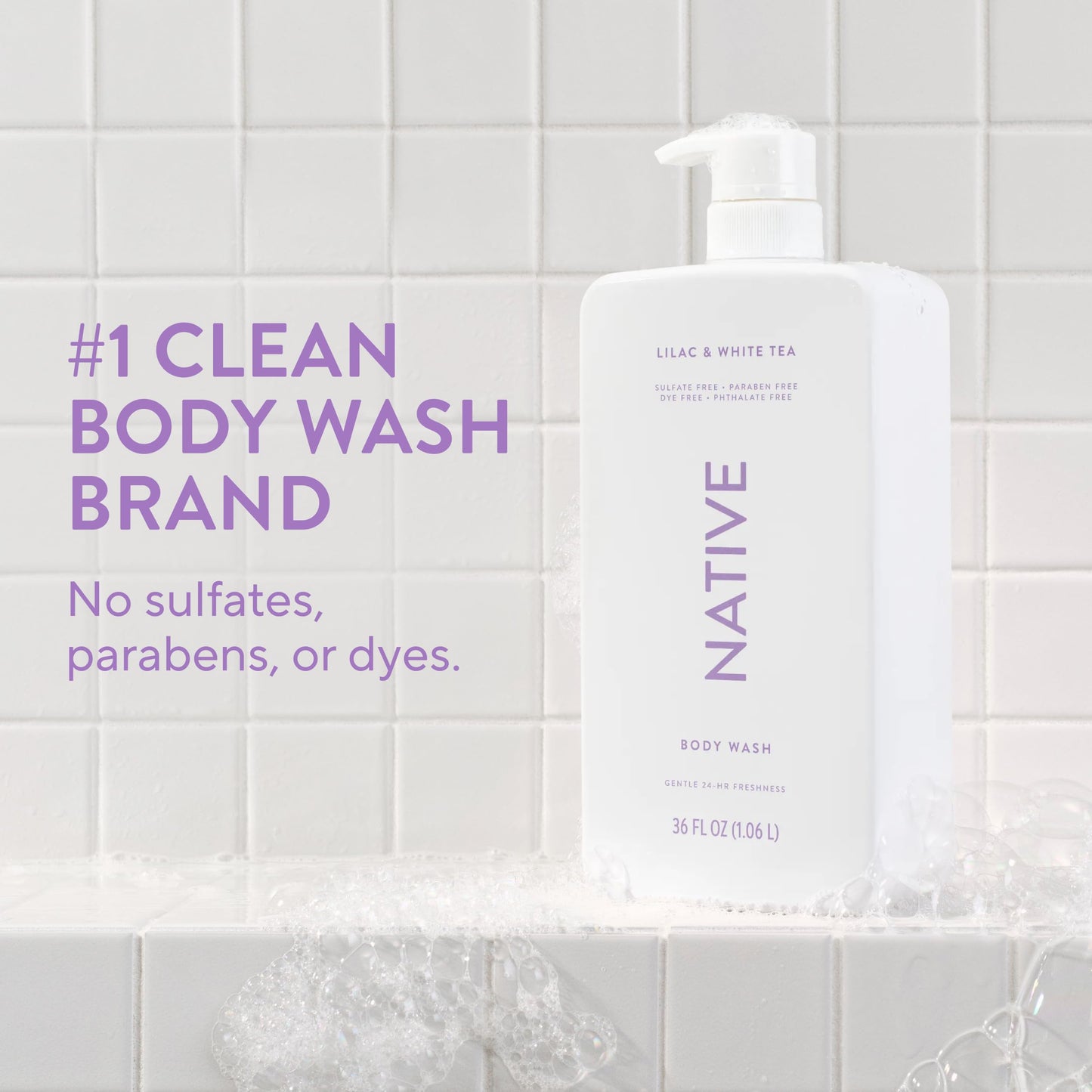 Native Body Wash for Women & Men, Lilac & White Tea, 36 oz Pump Bottle, Sulfate-Free & Gentle