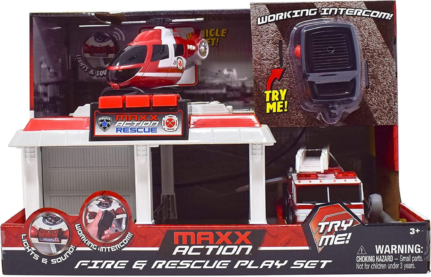 Fire & Rescue Garage Toy Set with Lights & Sounds – Parking Garage, Vehicle Lift, Intercom, Helicopter & Fire Truck with Friction Motor for Kids