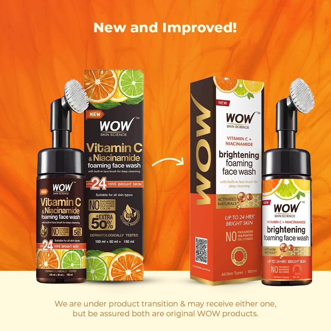 WOW Skin Science Vitamin C Exfoliating Face Wash With Brush, Soft, Silicones Bristles, Foaming Cleanser For All Skin Type, Hydrate For Smooth Skin