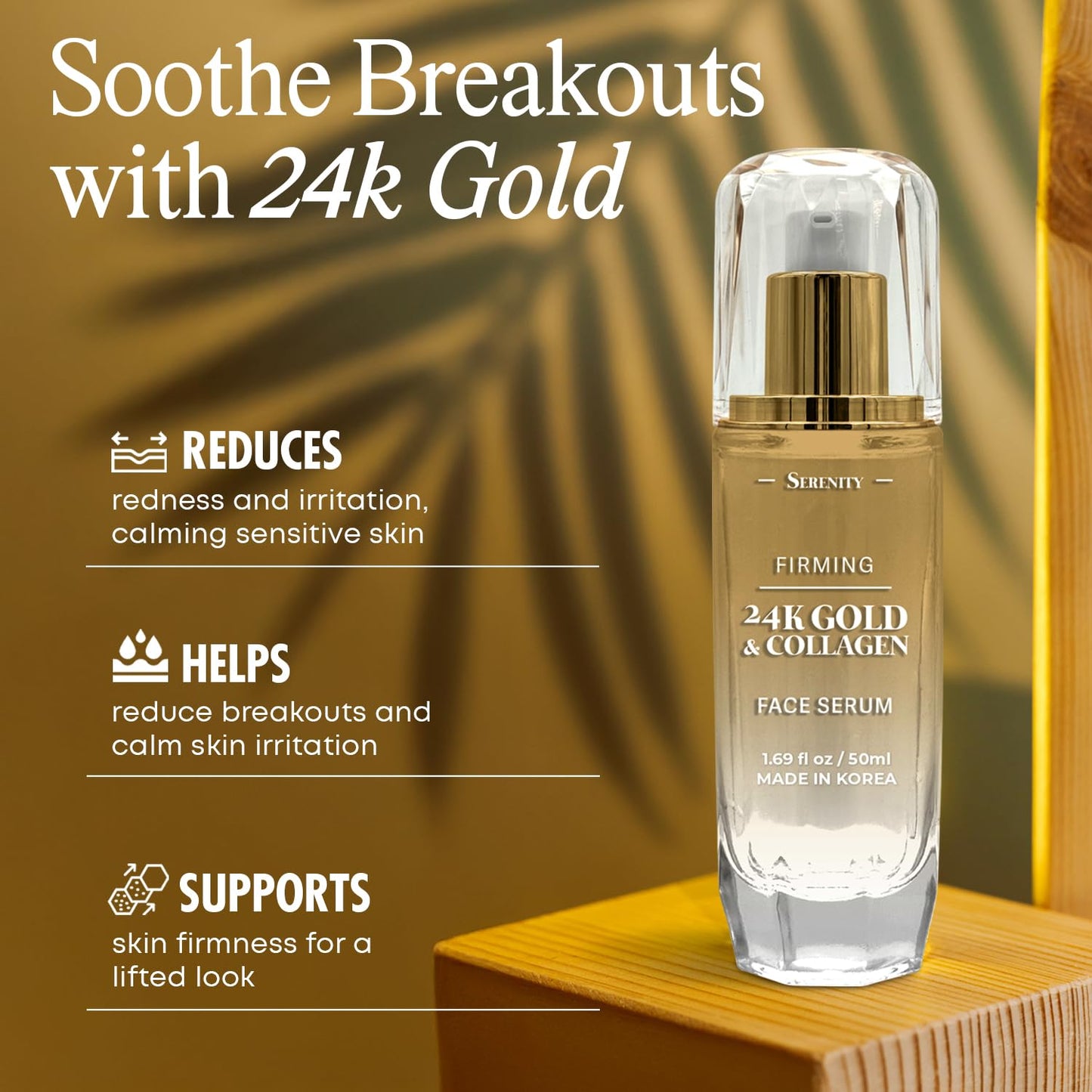 Serenity Dew 24K Gold & Collagen Face Serum - Dermatologist Tested Anti-Aging Korean Skin Care - Calms, Soothes, Hydrates & Firms Skin - Vegan Clean