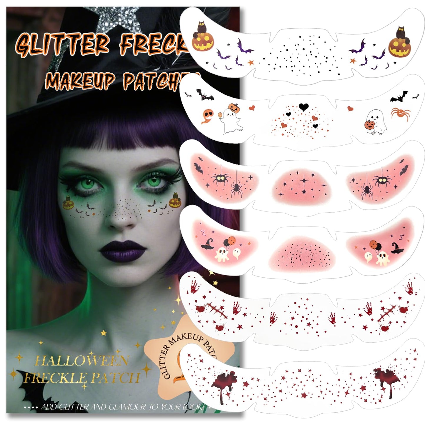 Glitter Freckles, Holographic Face and Body Glitter Tattoo Sparkle for Women Gold Glow Cosmetic Star Makeup Accessories for Festival Rave (6pcs