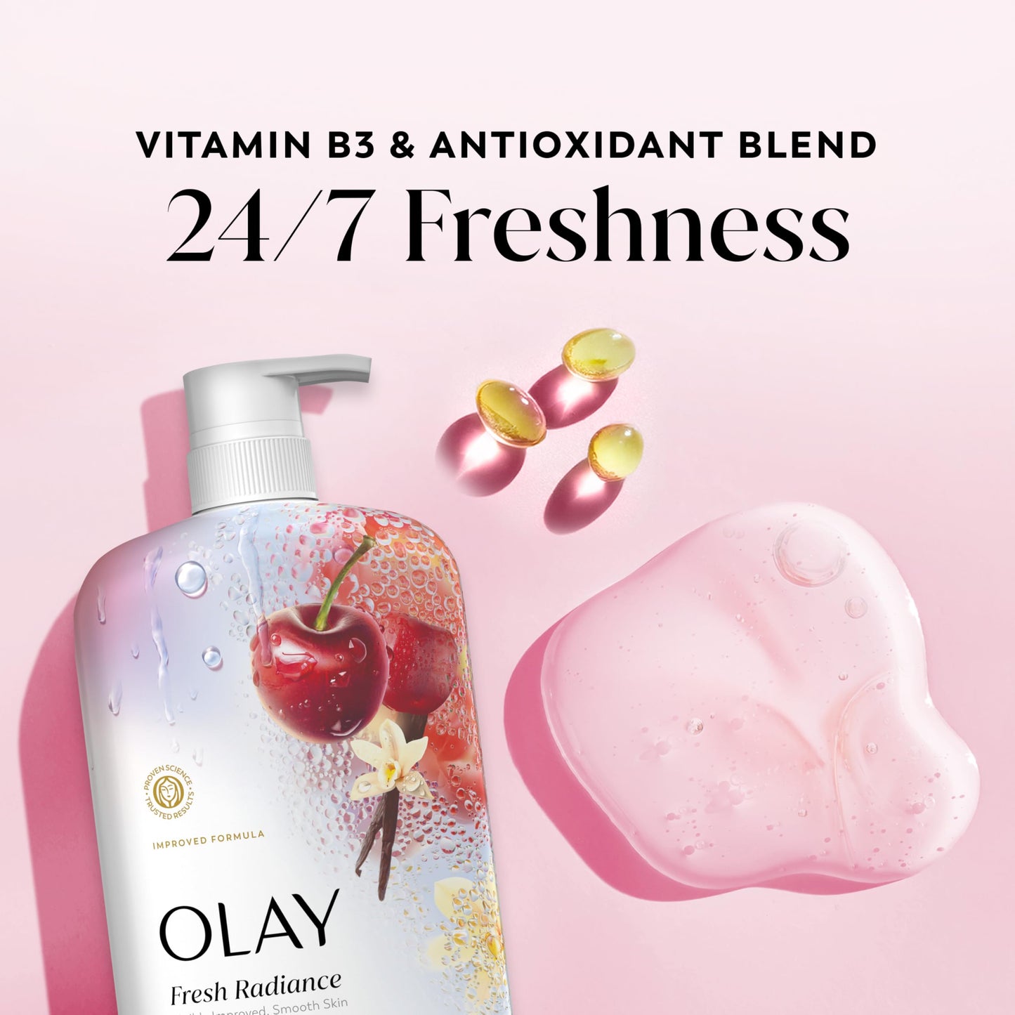 Olay Body Wash for Women, Fresh Radiance, 24/7 Skin-Loving Freshness, Visibly Radiant, Plant Based Cleansers, Vitamin B3 & Antioxidant Blend, For All