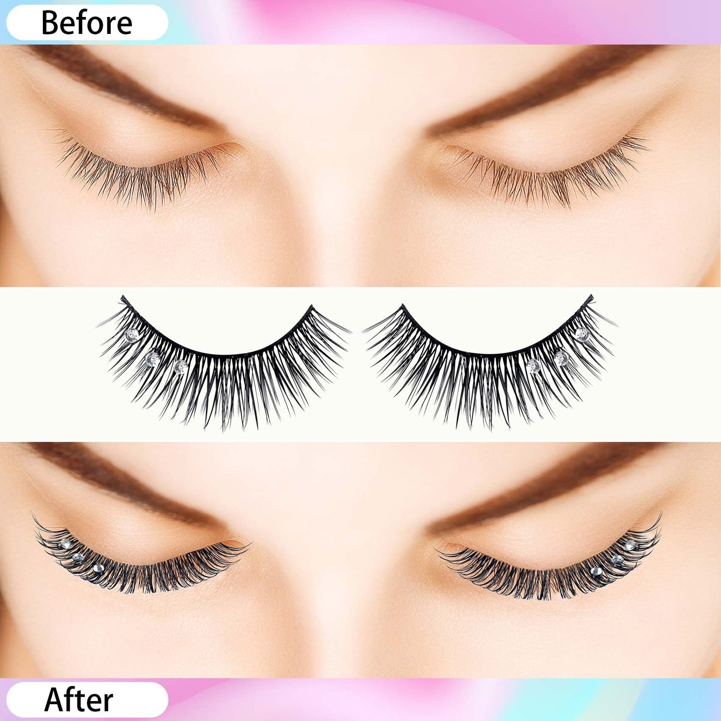 ANCIRS 2 Boxes(20pcs) Diamond False Eyelashes for Makeup, Natural Rhinestone Decorative Faux Mink Lashes, False Eye Lashes for Valentines Halloween