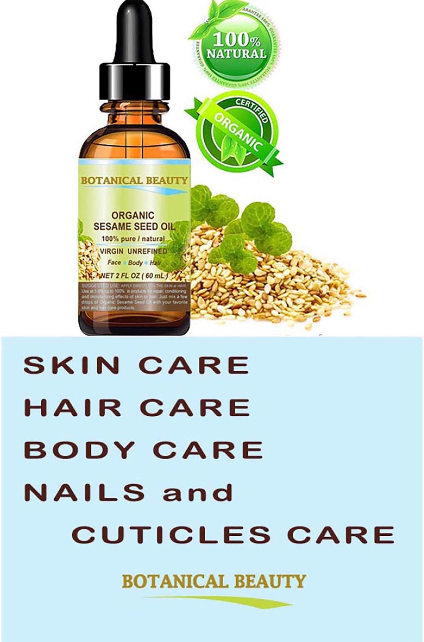 Organic SESAME SEED OIL 100% Pure Natural Virgin Unrefined Undiluted Cold Pressed Carrier Oil for Face, Skin, Body, Hair, Massage, Nails. 2 Fl. oz