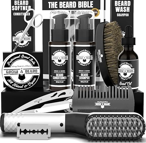 Beard Straightener Grooming Kit for Men, Beard Growth Kit, Wash, Brush & Comb, Unscented Growth Oil, All Natural Sandalwood Balm, Conditioner, Razor