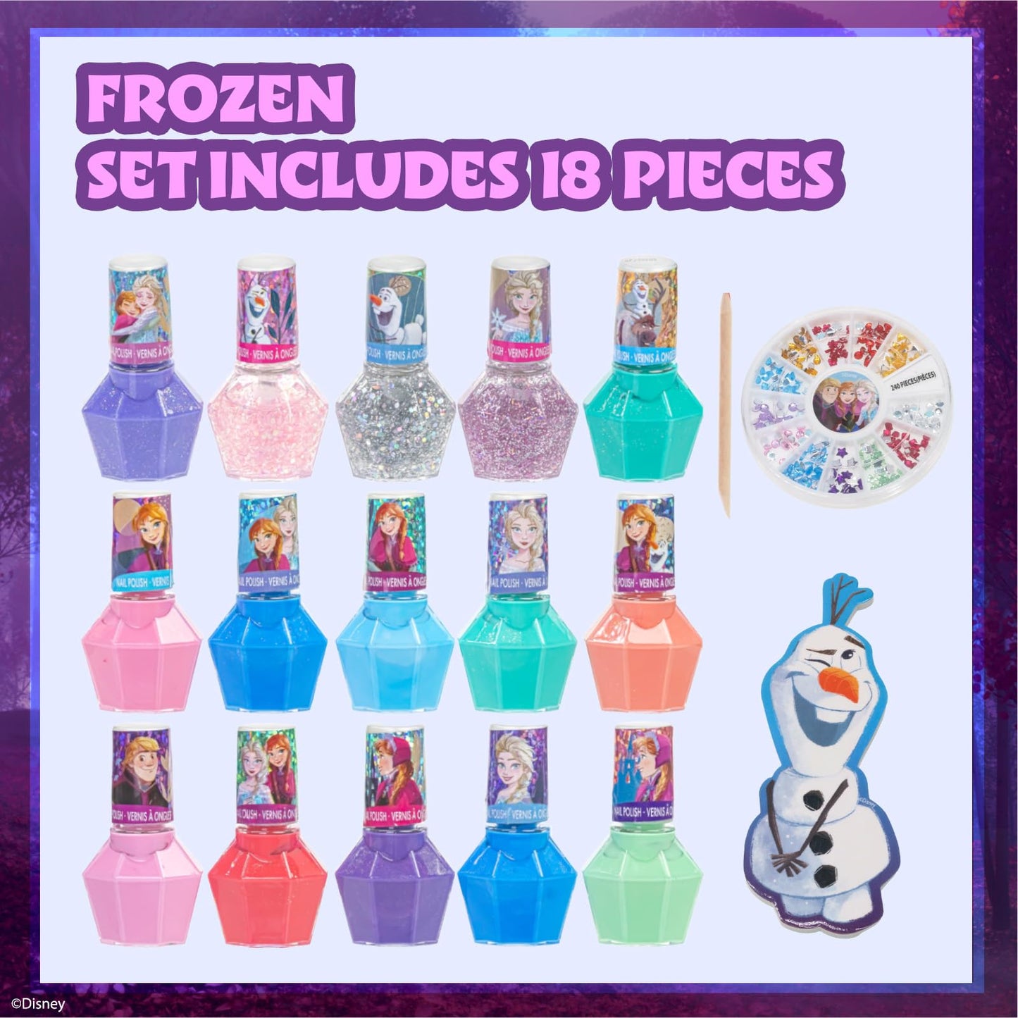 Disney Frozen Non-Toxic Peel-Off Nail Polish Set with Shimmery and Opaque Colors with Nail Gems for Girls Ages 3+, Perfect for Parties, Sleepovers
