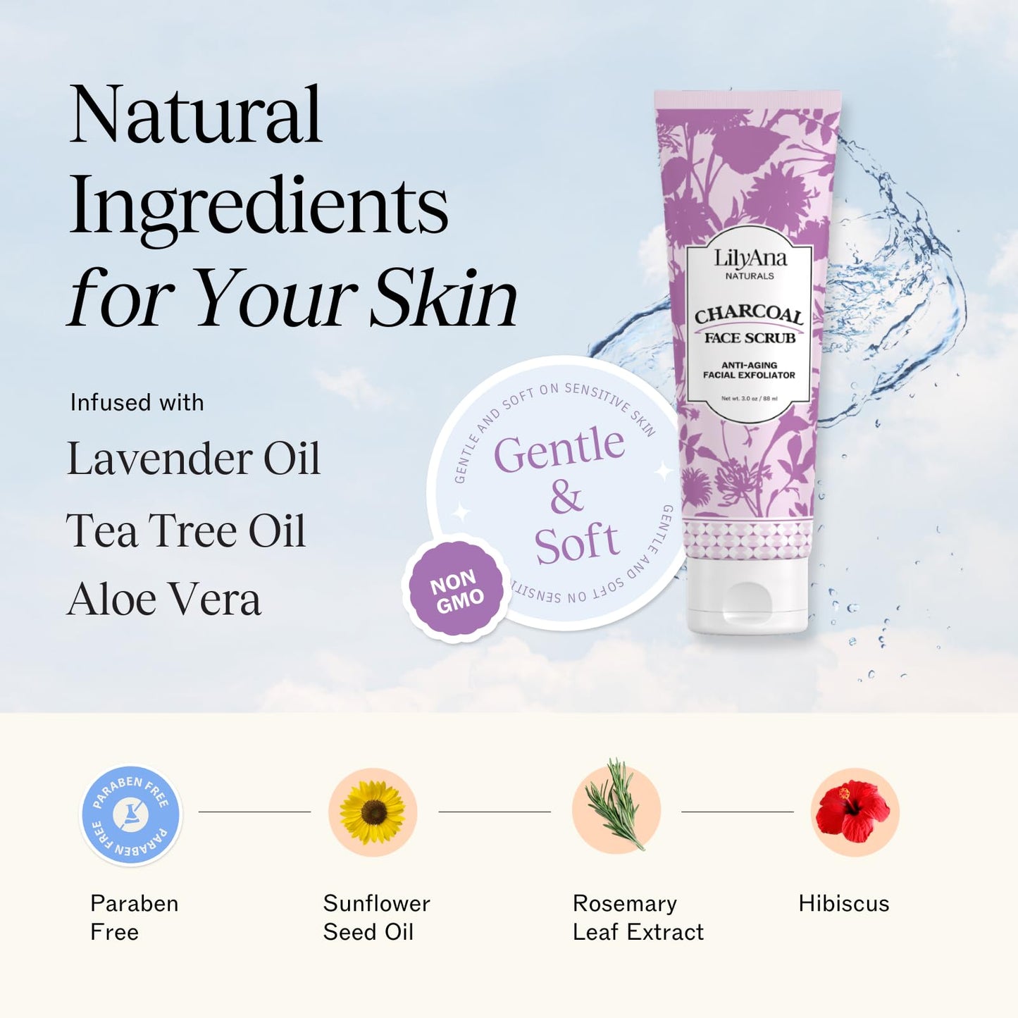 LilyAna Naturals Charcoal Face Scrub - Facial Exfoliator - Microdermabrasion Scrub - Facial Skin Care Products for Women and Men - Lavender and Tea