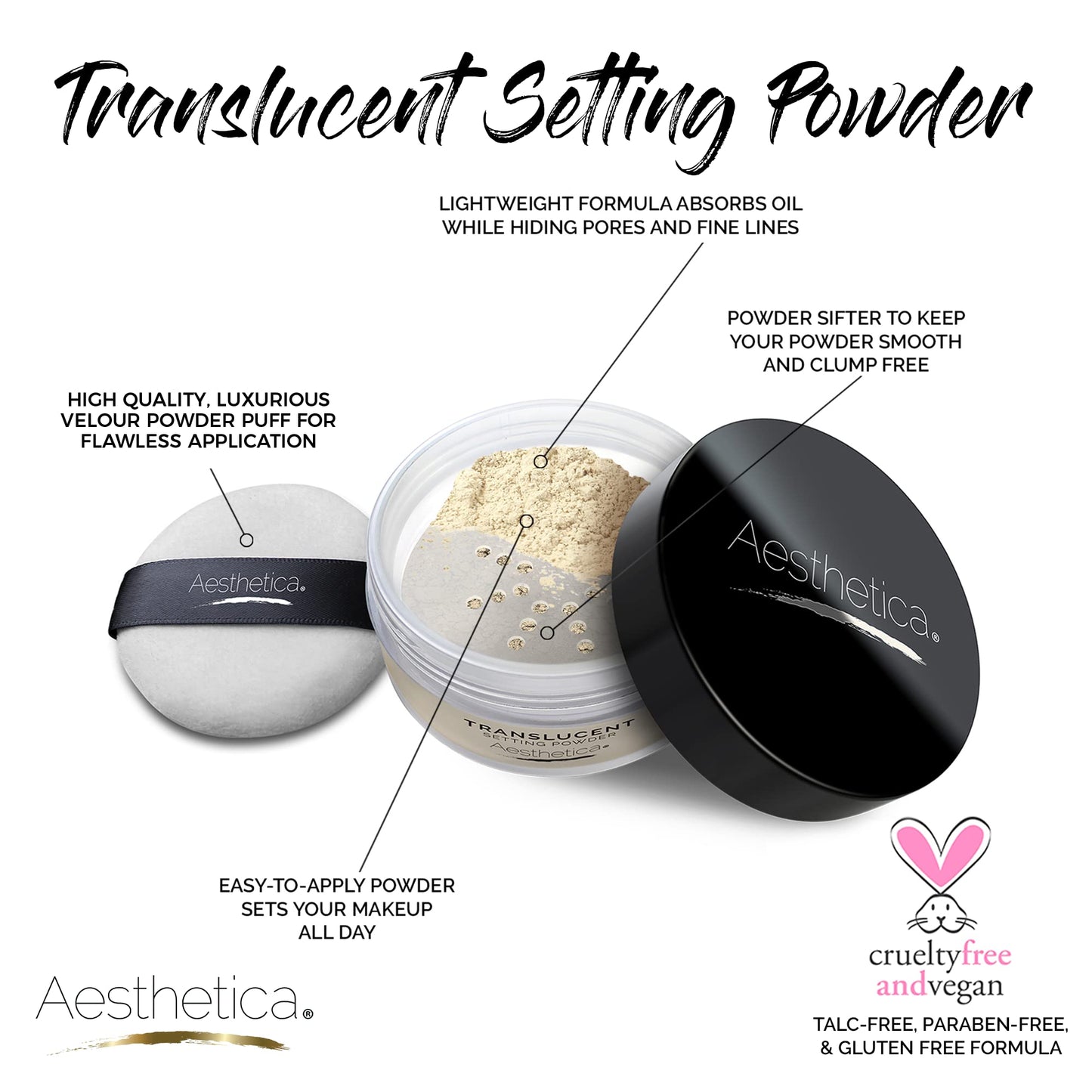 Aesthetica Translucent Setting Powder - Matte Finishing Makeup Loose Setting Powder - Flash Friendly Translucent Powder Foundation - Loose Face Powder