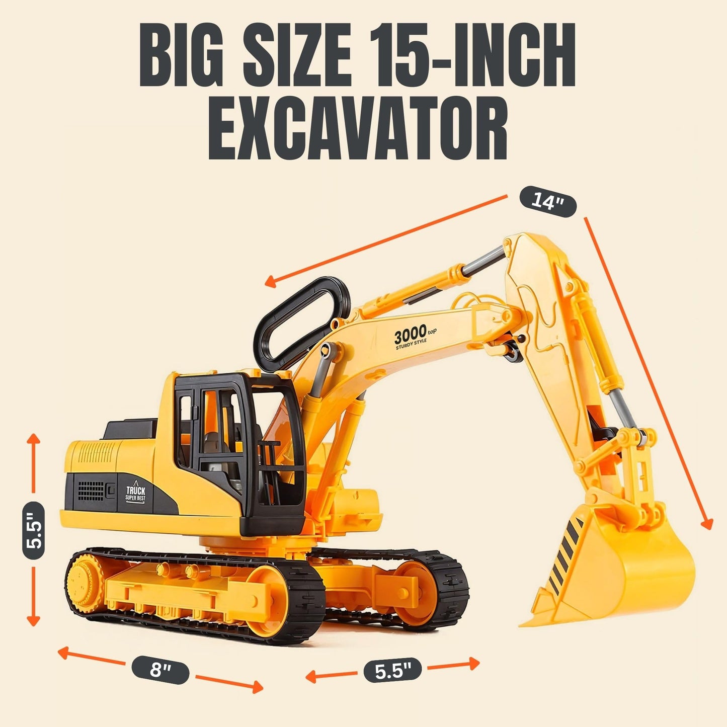 Liberty Imports 15" Oversized Construction Truck Toys for Kids - 1:22 Scale Friction Powered Vehicles with Realistic Moving Parts (Excavator)