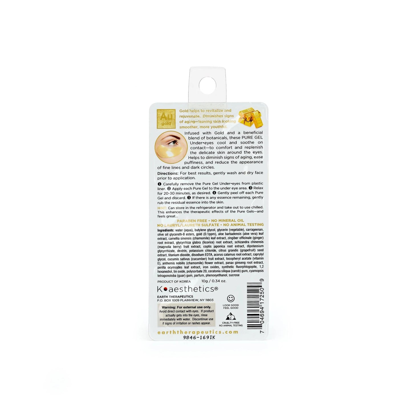 Earth Therapeutics Pure Gel Under Eye Patches - Gold (1 Pair) - Reduces Puffiness and Fine Lines