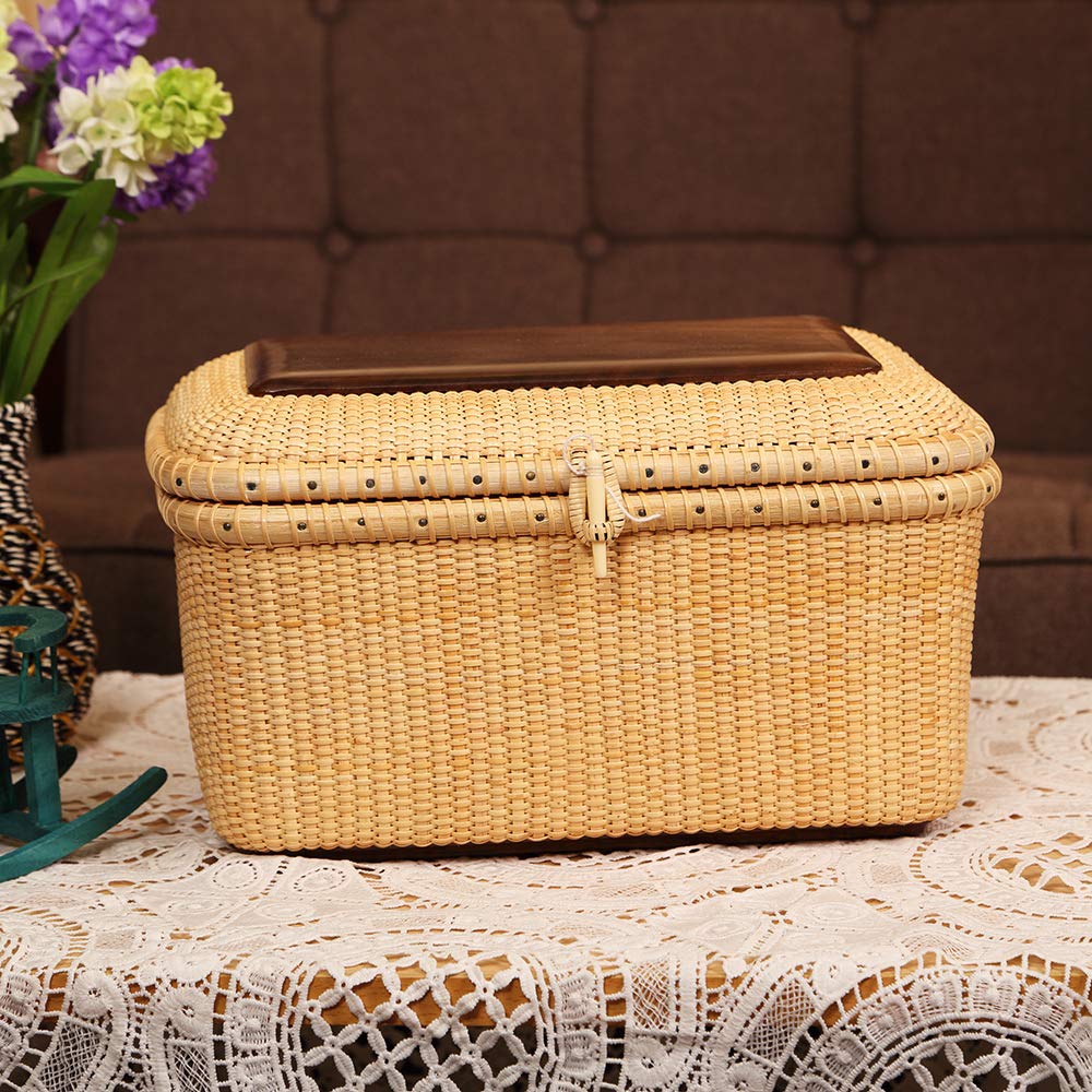 Teng Tian Nantucket baskets, Rectangular Handwoven rattan Storage Basket Set with Lid for Shelves and Home Boxes for Organizer (L)