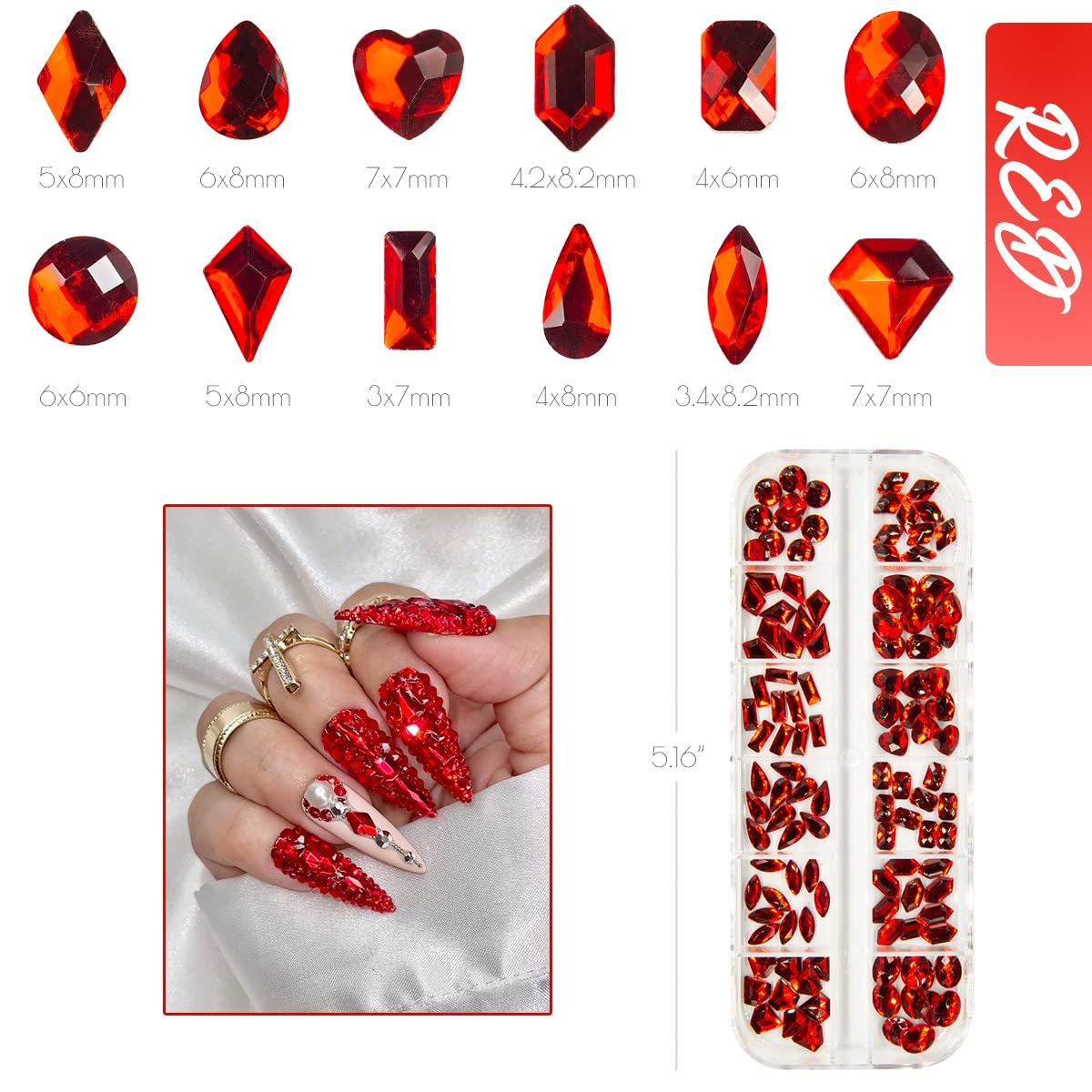 qiipii 120Pcs Red Rhinestones Nail Charms 12 Shapes Crystal Flatback Siam Red Big Gems Ruby Red K9 Glass Nail Stones Diamonds jewels Nail Art Supplies