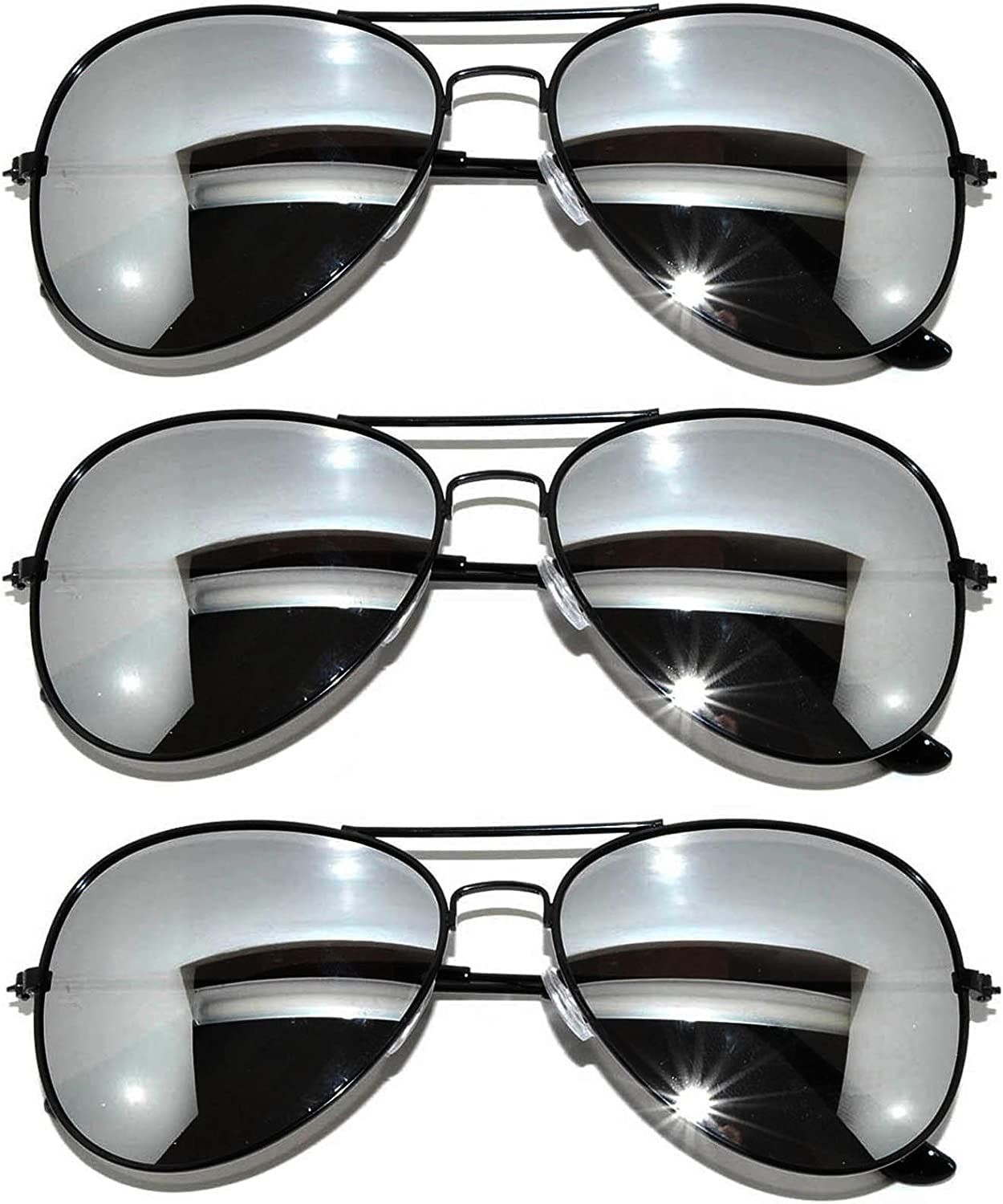 OWL 3 Pack Aviator Style Sunglasses Full Mirror Silver Lens Black Metal Frame