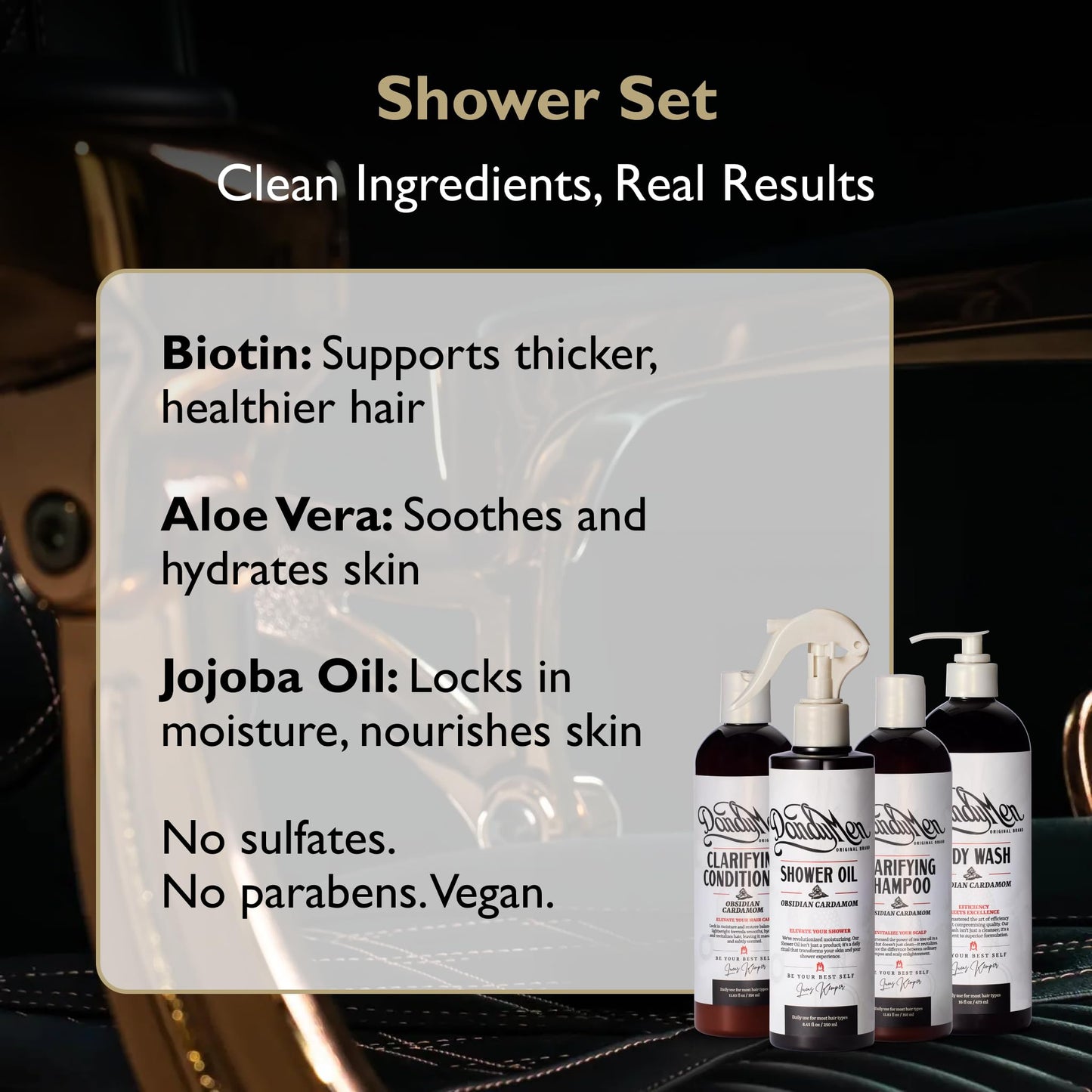 DandyMen Men’s Shower Set - Shampoo, Conditioner, Body Wash & Shower Oil - Cleansing & Moisturizing Grooming Kit for Hair & Skin (Obsidian Cardamom)