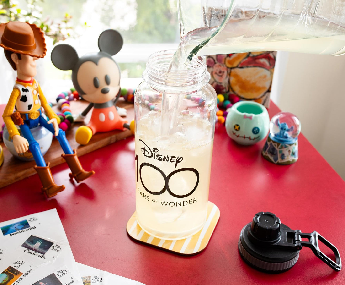 Disney 100 Years of Wonder Twist Spout Plastic Water Bottle Jug and Sticker Set For Personalizing | Holds 32 Ounces