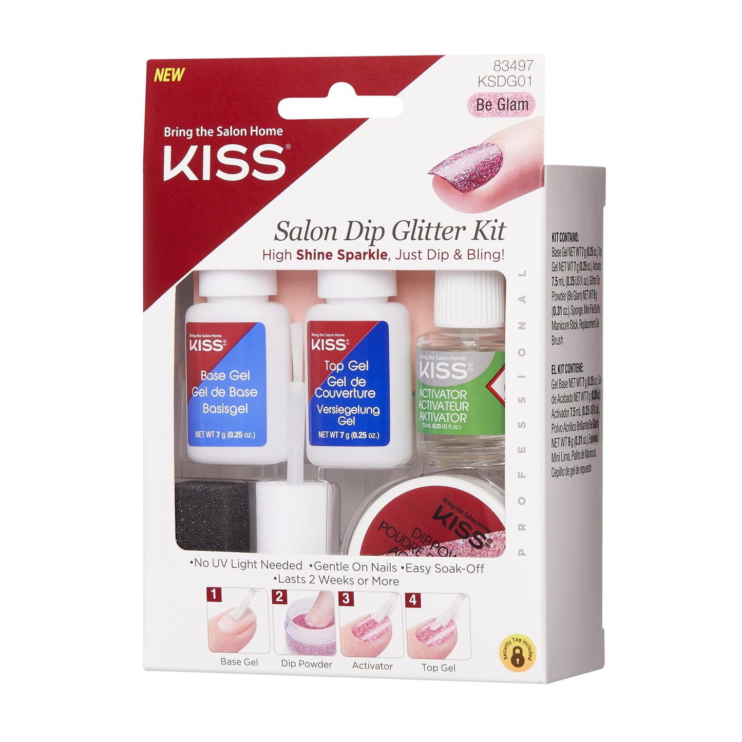 KISS Salon Dip, Dip Powder Nail Kit, Includes 7g Base Gel, 7g Top Gel, 7.5ml Activator, 9g Pink Glitter Dip Powder, Dusting Sponge, Replacement Gel Beauty & Personal Care KISS