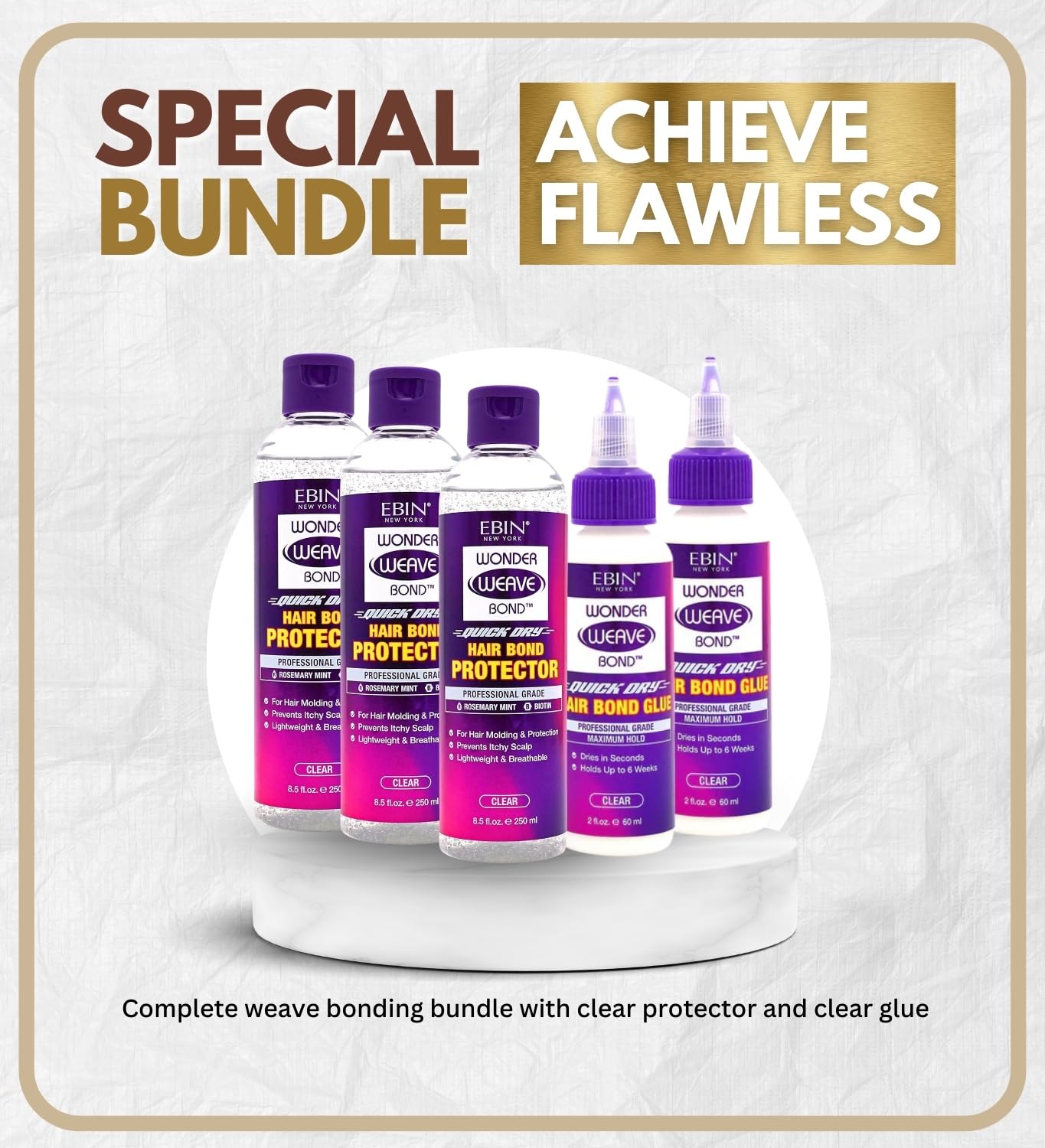 EBIN NEW YORK 3x Wonder Weave Bond Hair Protector (Clear) 8.5 oz Bundle with 2x Hair Bond Glue (Clear) 2 oz Protective Shield & Secure Hold - Seamless