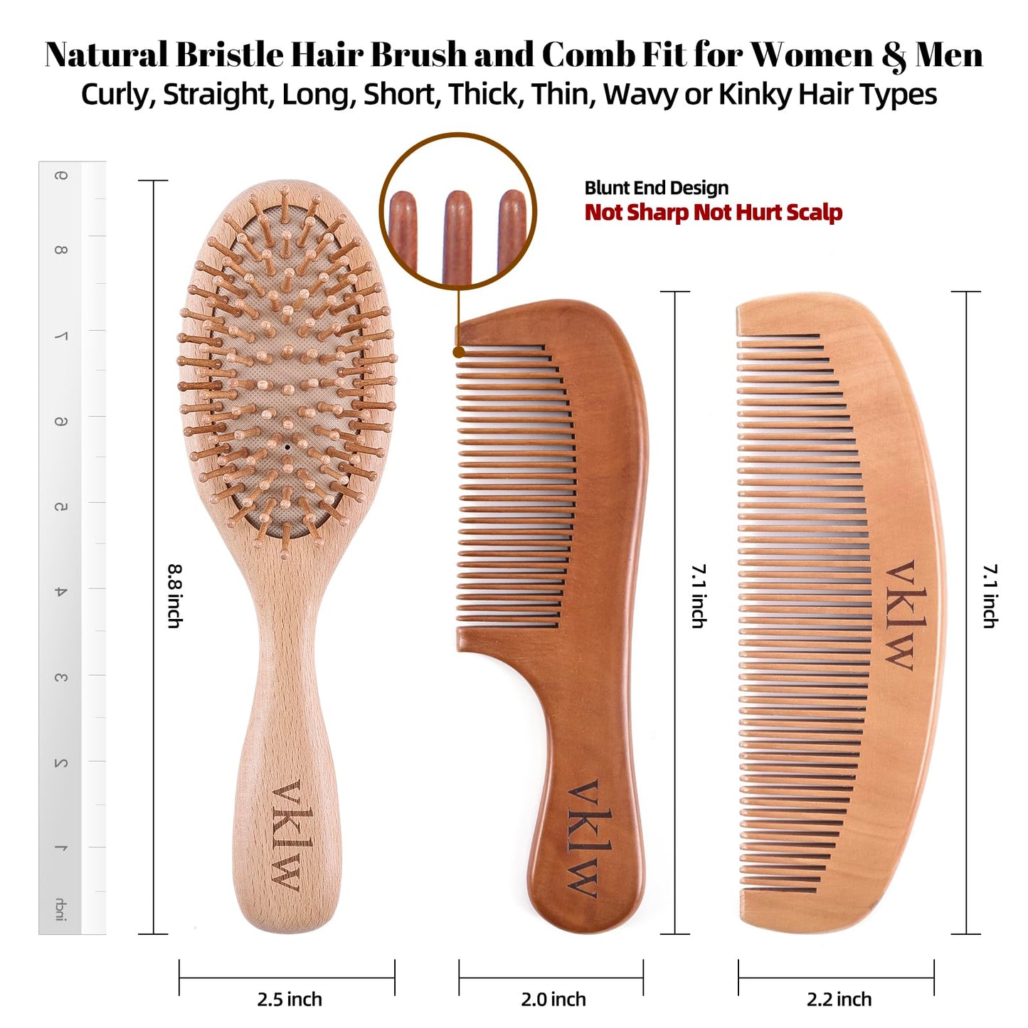 vklw Wooden Hair Brush and Comb, One-piece Design, Reduce Frizz and Static, Massage Scalp, Detangling Paddle Hairbrush for Women, Girls, Kids