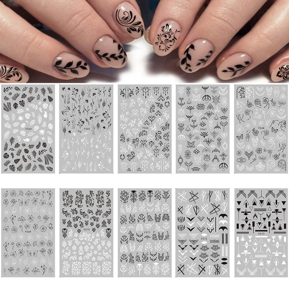 10 Sheets Black White Leaves Flowers Nail Stickers Decals,3D Self- Adhesive Retro Flower Vintage Vine Rose Flower Butterflies Nail Sticker for Women