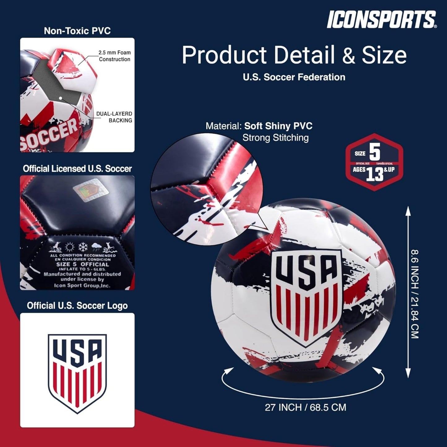 Icon Sports Officially Licensed US Soccer Federation Soccer Ball - USSF93BL White Size 5