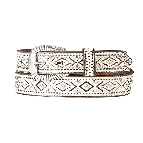 ARIAT Women's Southwest Stud Accented Leather Belt, White, Small