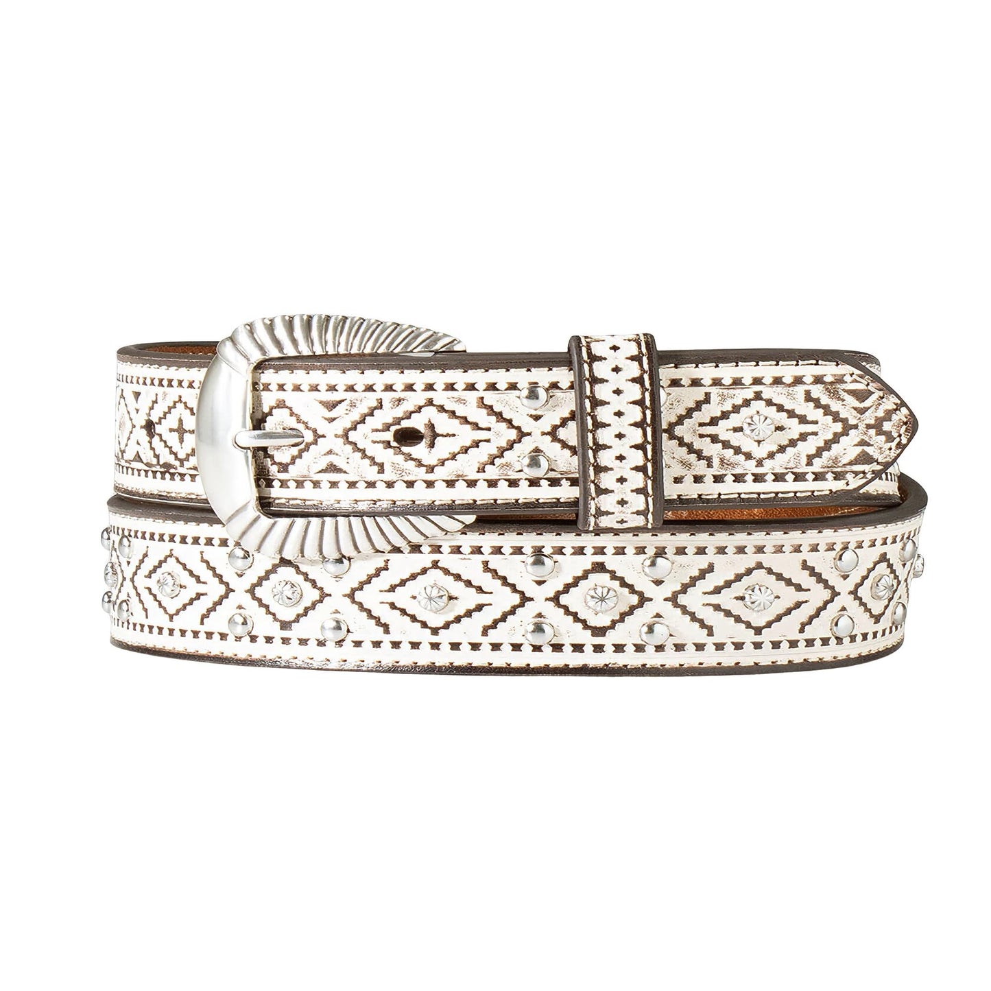 ARIAT Women's Southwest Stud Accented Leather Belt, White, Small