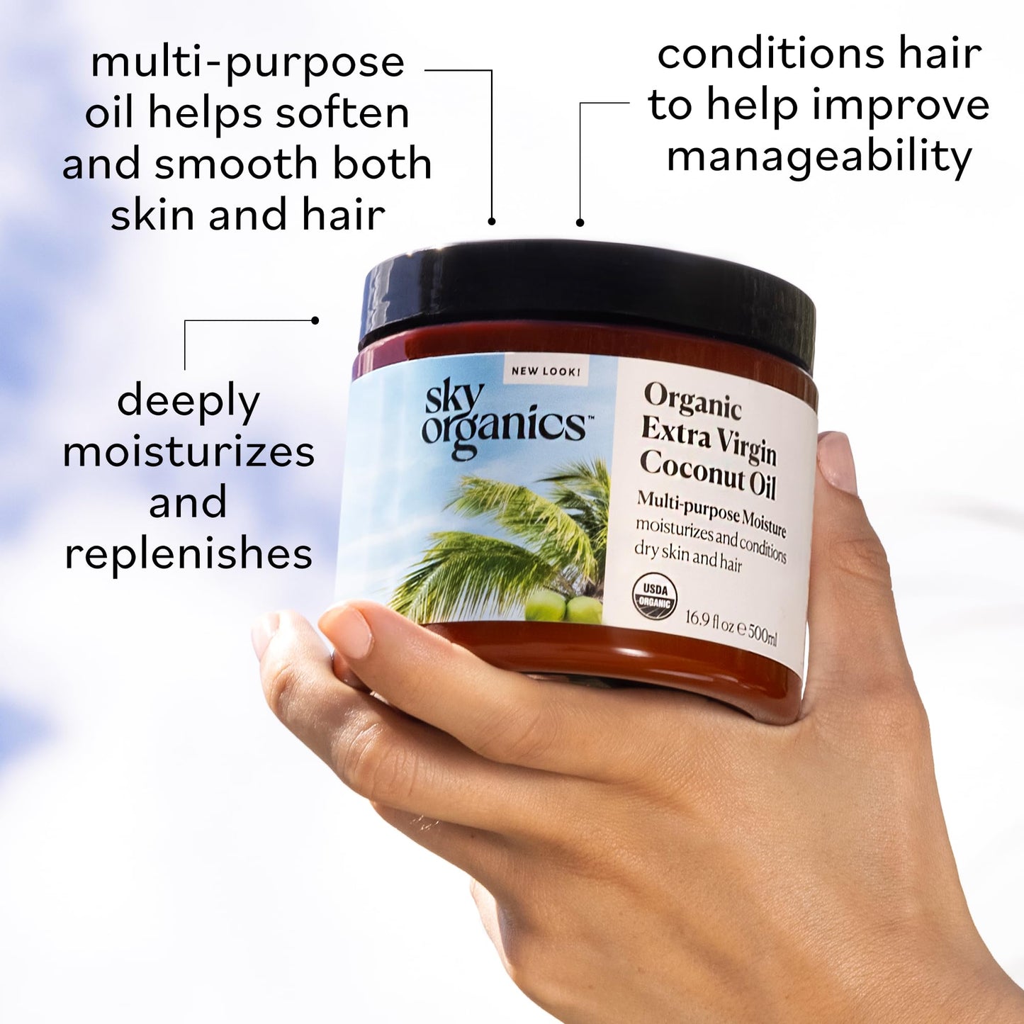 Sky Organics - Multipurpose Organic Coconut Oil for Skin & Hair w Ebook, 16.9 fl oz - Extra Virgin Hair Oil & Body Moisturizer - Vitamins