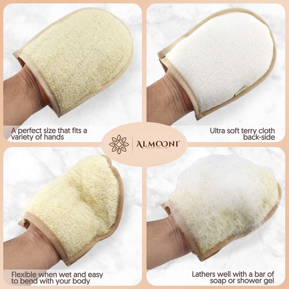 Premium Exfoliating Loofah Glove Pad Body Scrubber. Our Mitt Gloves are Made of Natural Egyptian Shower Loufa Sponge That Gets You Clean, Not Just
