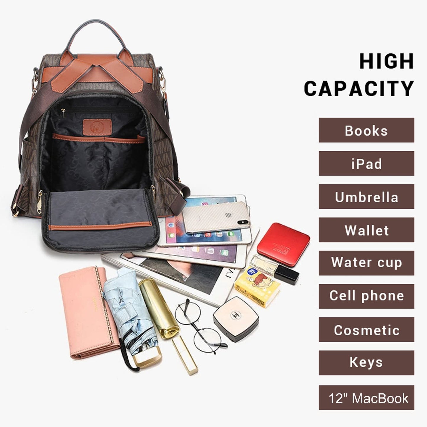 MKP Women Fashion Backpack Purse Multi Pockets Signature Anti-Theft Rucksack