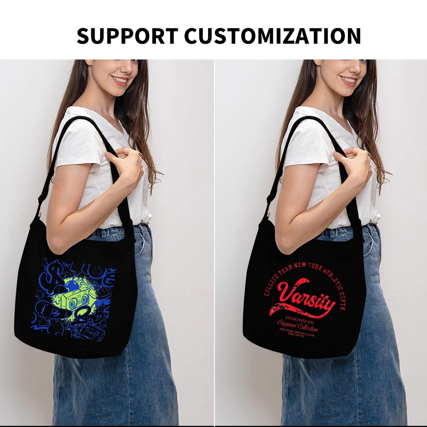 Draw blank Black Women's blank large Size Canvas Crossbody Tote Handbags Shoulder Bag Hobo Casual Tote Diy/gifts/aesthetic/personalized