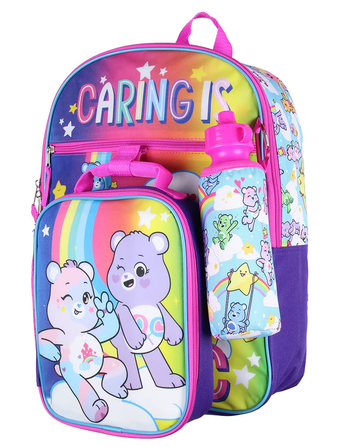 Bioworld Carebears Caring Is Magic 16" Backpack Lunch Tote Water Bottle Sticker Set 5 Pc Mega Set