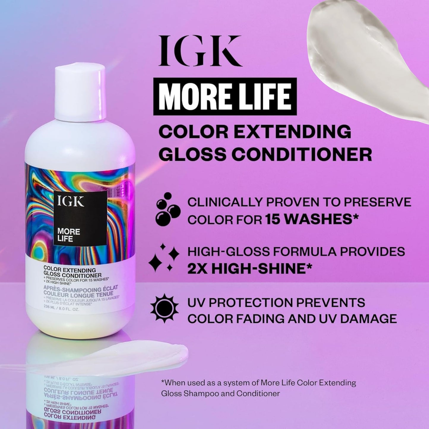 IGK MORE LIFE Color Extending Gloss Shampoo & Conditioner Set | Preserves Color + Enhances Shine | UV Protection | Vegan + Cruelty-Free | 8 oz (Pack