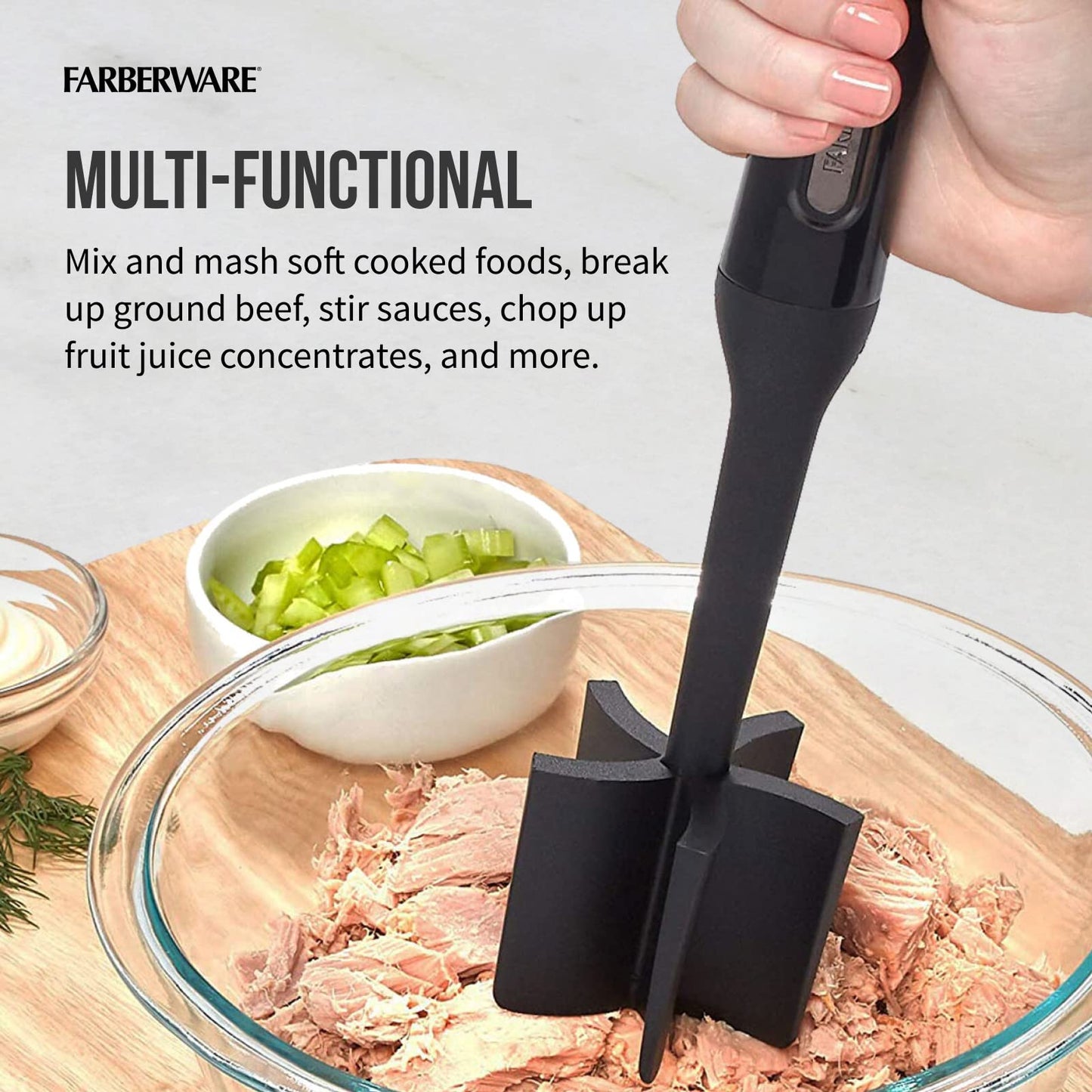 FARBERWARE 10-Inch Nylon Meat & Potato Masher – Heat-Resistant, Non-Stick Safe, Durable Kitchen Tool with Ergonomic Handle, Black