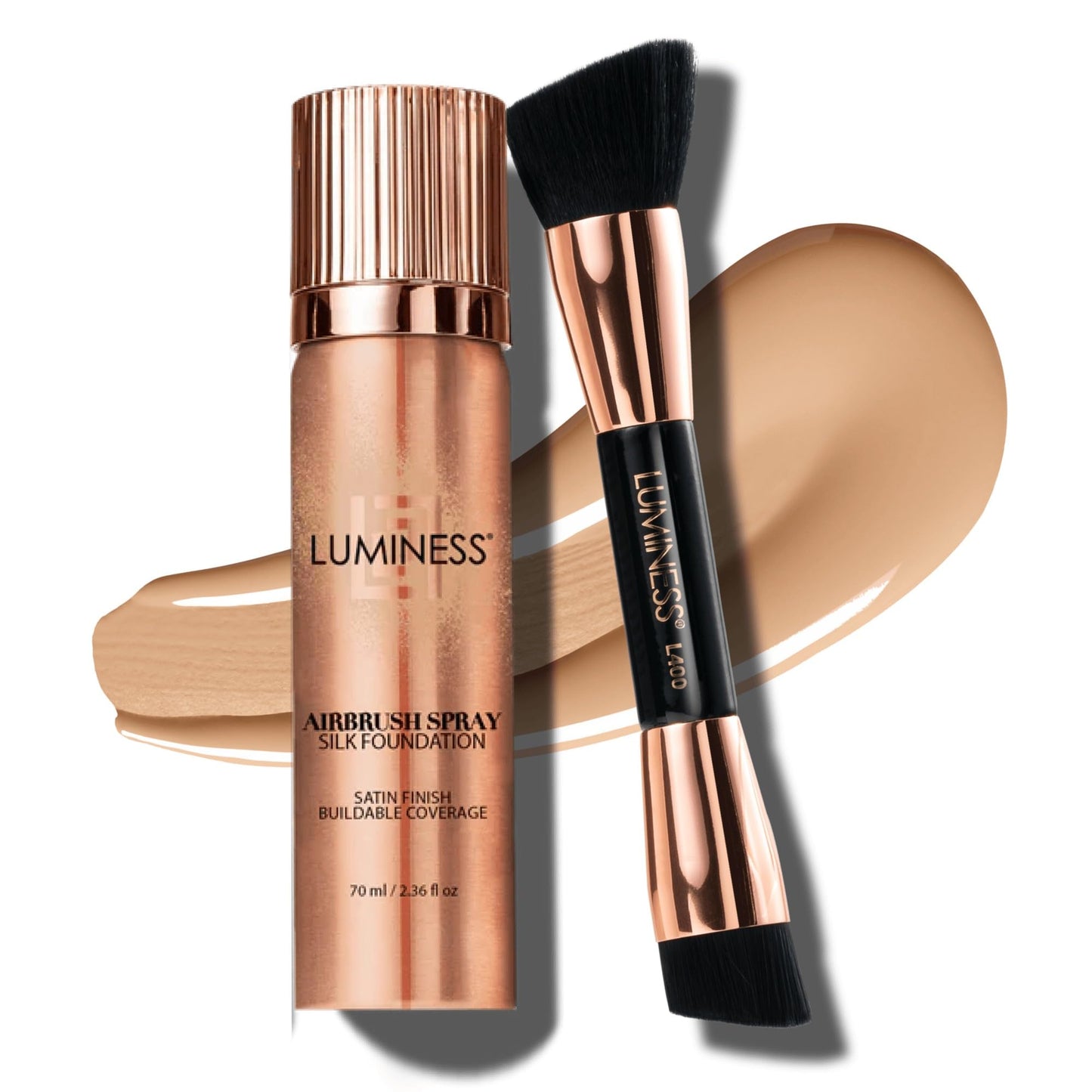 LUMINESS Silk Airbrush Spray Foundation & Buffing Brush Kit - Full Coverage Foundation & Dual-Sided Buffing Brush - Buildable Coverage, Anti-Aging